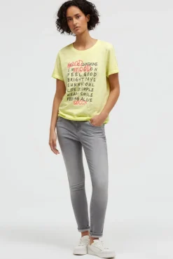 T-Shirt mit Wording Print und Elastiksaum vivid lemon