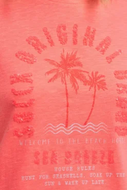 T-Shirt Rundhals mit Artwork neon coral