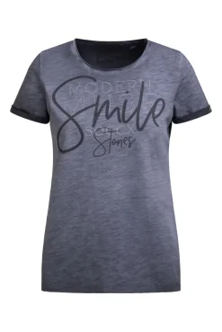 T-Shirt Rundhals mit Artwork und Used Look blue grey