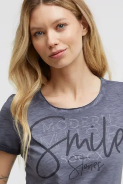 T-Shirt Rundhals mit Artwork und Used Look blue grey