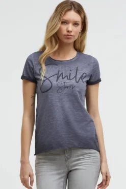 T-Shirt Rundhals mit Artwork und Used Look blue grey
