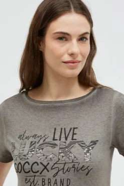 T-Shirt U-Boot-Ausschnitt mit Artwork cool khaki