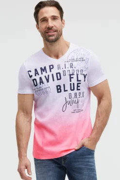 T-Shirt V-Neck Dip Dye mit Prints neon pink