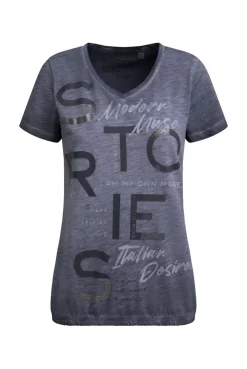 T-Shirt V-Neck mit Folienprint und Elastiksaum blue grey