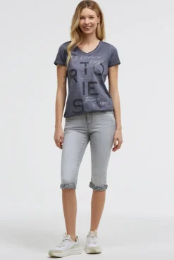 T-Shirt V-Neck mit Folienprint und Elastiksaum blue grey