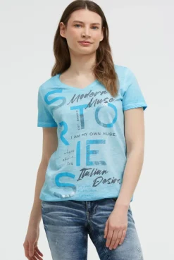 T-Shirt V-Neck mit Folienprint und Elastiksaum summer aqua