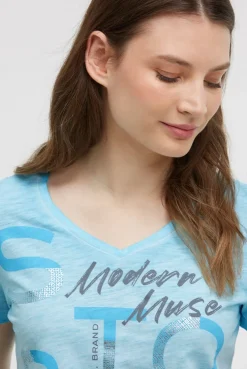 T-Shirt V-Neck mit Folienprint und Elastiksaum summer aqua