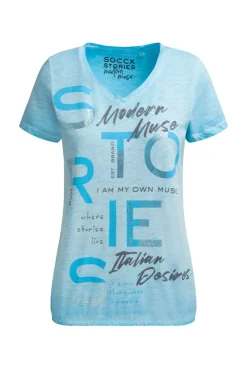 T-Shirt V-Neck mit Folienprint und Elastiksaum summer aqua