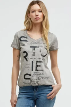 T-Shirt V-Neck mit Folienprint und Elastiksaum shadow