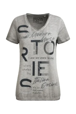 T-Shirt V-Neck mit Folienprint und Elastiksaum shadow