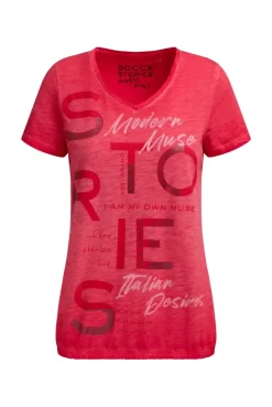T-Shirt V-Neck mit Folienprint und Elastiksaum red orange