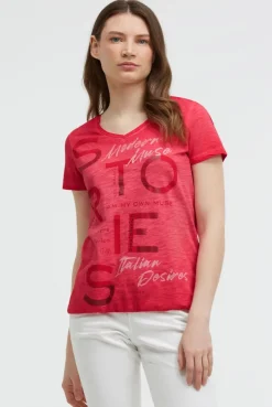T-Shirt V-Neck mit Folienprint und Elastiksaum red orange