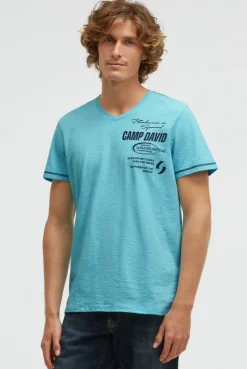 T-Shirt V-Neck mit Slub Stripes und Prints aqua