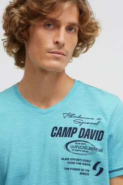 T-Shirt V-Neck mit Slub Stripes und Prints aqua
