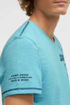 T-Shirt V-Neck mit Slub Stripes und Prints aqua