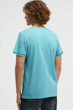 T-Shirt V-Neck mit Slub Stripes und Prints aqua