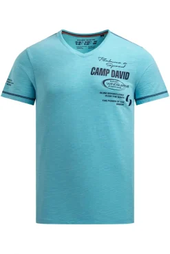 T-Shirt V-Neck mit Slub Stripes und Prints aqua