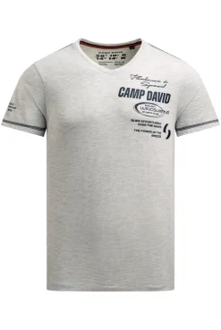 T-Shirt V-Neck mit Slub Stripes und Prints ivory